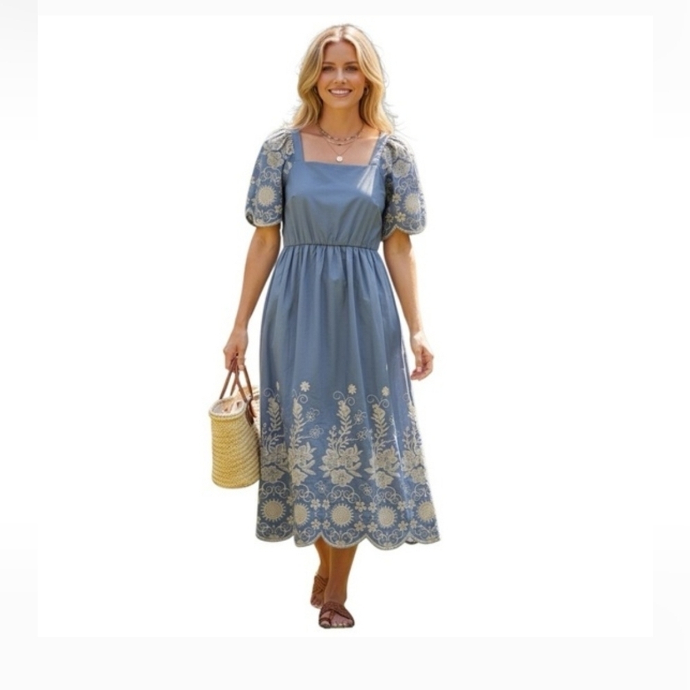 Elegant Blue Dress with White Embroidery